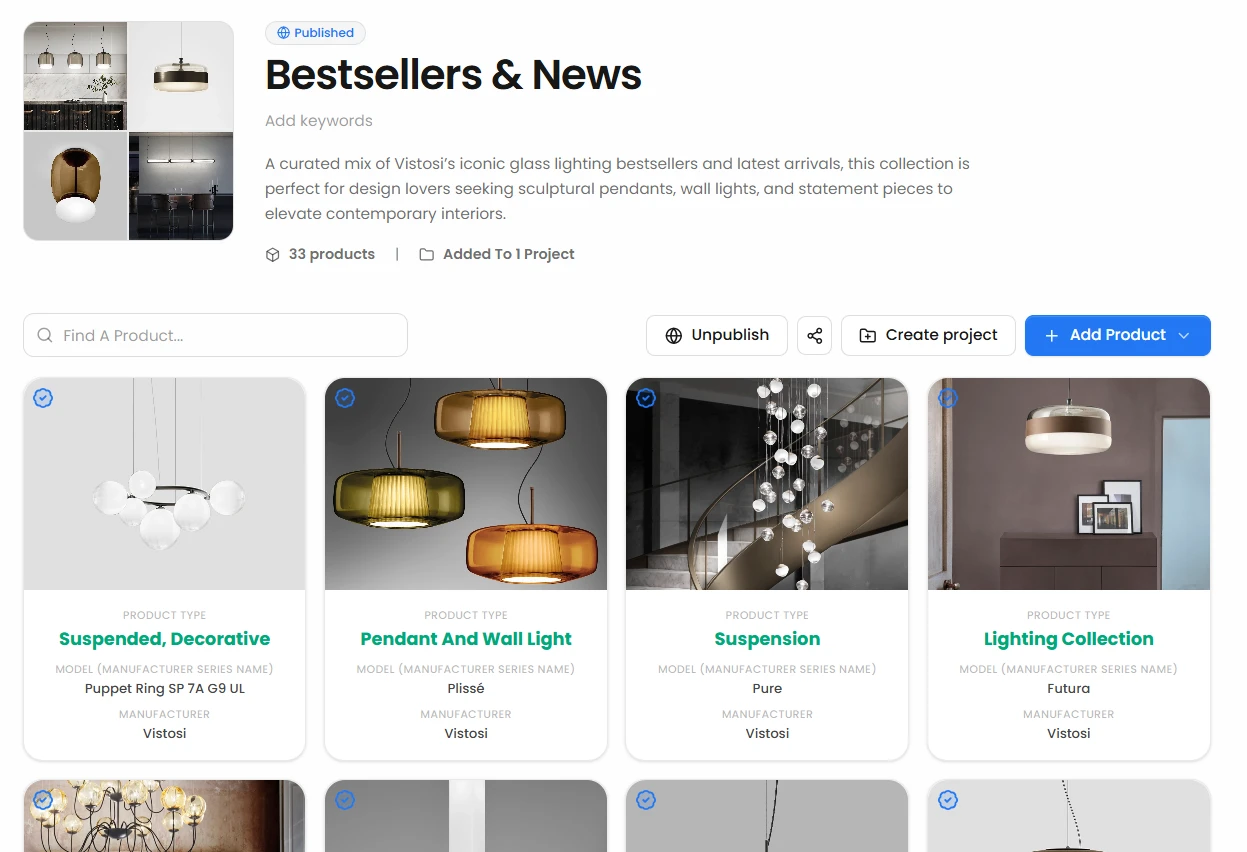 A published Sourcery collection of Vistosi lighting products, with product images and specification details.